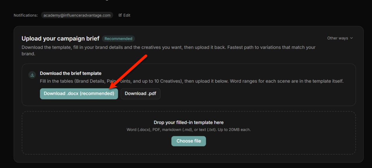 The Upload your campaign brief panel with Download .docx (recommended) highlighted. A second button offers a PDF download. Below is a drop area for the filled file.