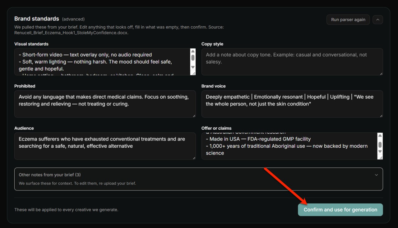 The Brand Standards panel with Visual standards, Copy style, Prohibited content, Brand voice, Audience, and Offer or claims sections. An arrow points at the Confirm and use for generation button.