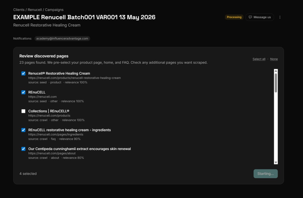 The Review discovered pages list with five entries. Each row shows the page title, URL, source, and relevance percentage. The bottom of the panel shows 4 selected and a Starting button.