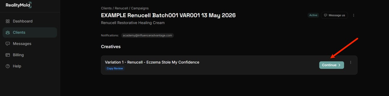 The campaign page with one creative listed below the Creatives header. The Continue button has an arrow pointing at it.