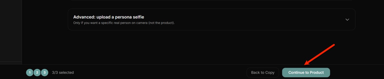 The bottom of the persona picker with 3/3 selected indicated. Back to Copy and Continue to Product are the two buttons. An arrow points at Continue to Product.