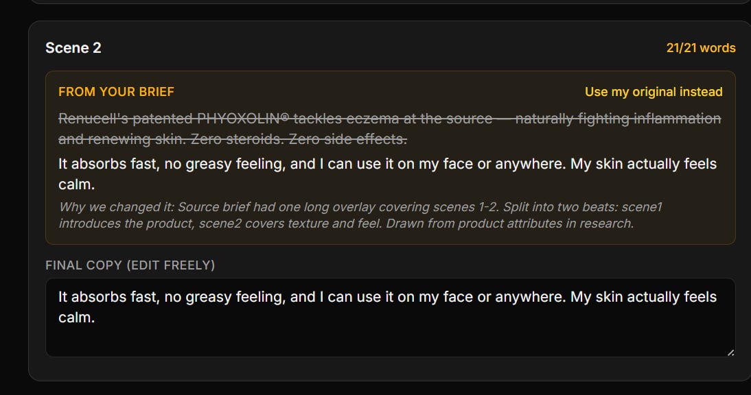 A scene copy panel with the original source brief text struck through at top in yellow and the revised final copy below. A "Use my original instead" link is at the top right. The bottom shows the final editable copy field.