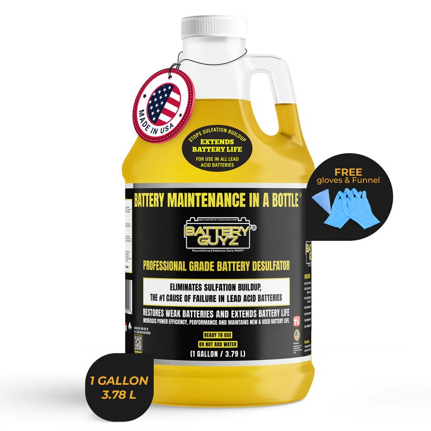 A product image with extra tags showing extends battery life, a 1 gallon scale badge, and a free gloves and funnel pendant attached to the main bottle. Caption: Needs cleanup. Extra tags, badges, and pendants should be removed before upload.